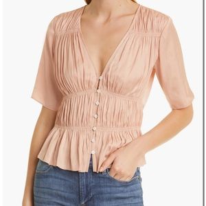 NWT Frame Denim Shirred V-neck blouse Pink Clay Romantic flowy top sz medium